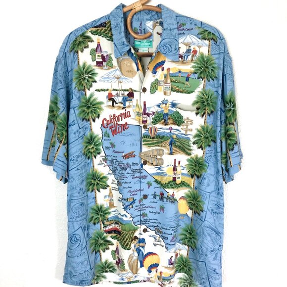 Reyn Spooner California Wine Map Print Rayon Hawaiian Shirt Blue Medium Napa - Picture 1 of 7